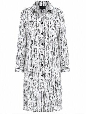 ALBA | Modern Black White‎ Abstract Lagenlook Button Down Midi Shirt Dress | 14